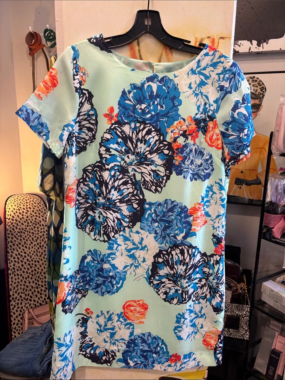 J. Crew Mint Mini Dress with Bold Blue Floral Print